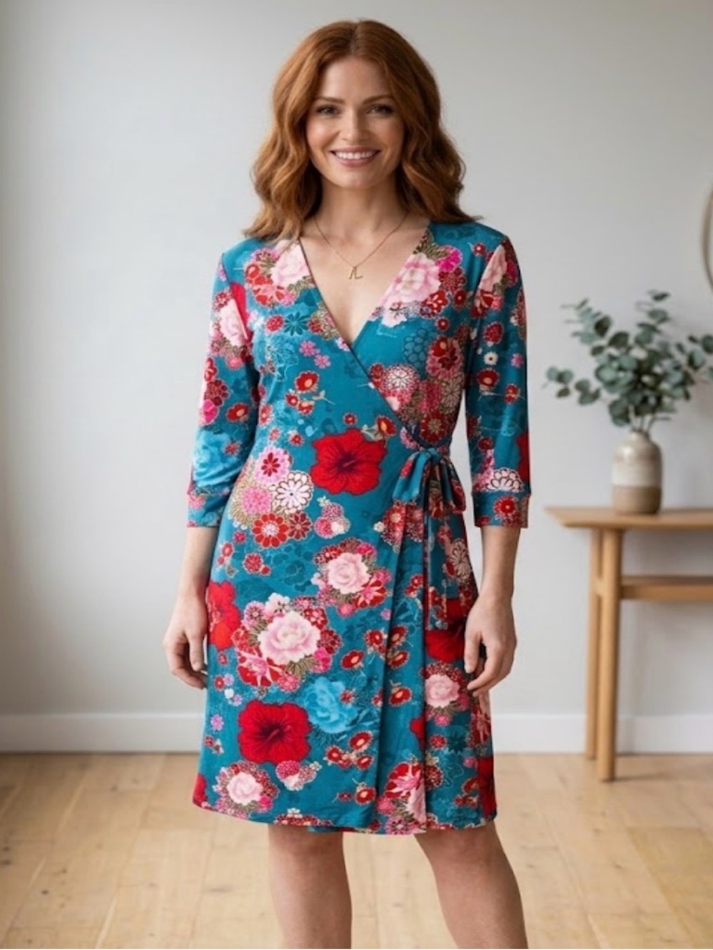 Floral Teal Wrap Dress with Pink & Red Blooms